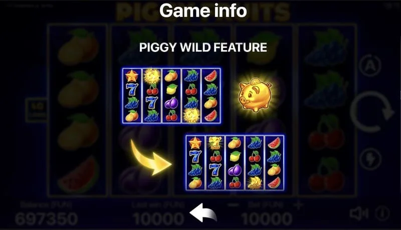 Piggy Fruits - skrin permainan dengan grid 5x4 dan simbol buah